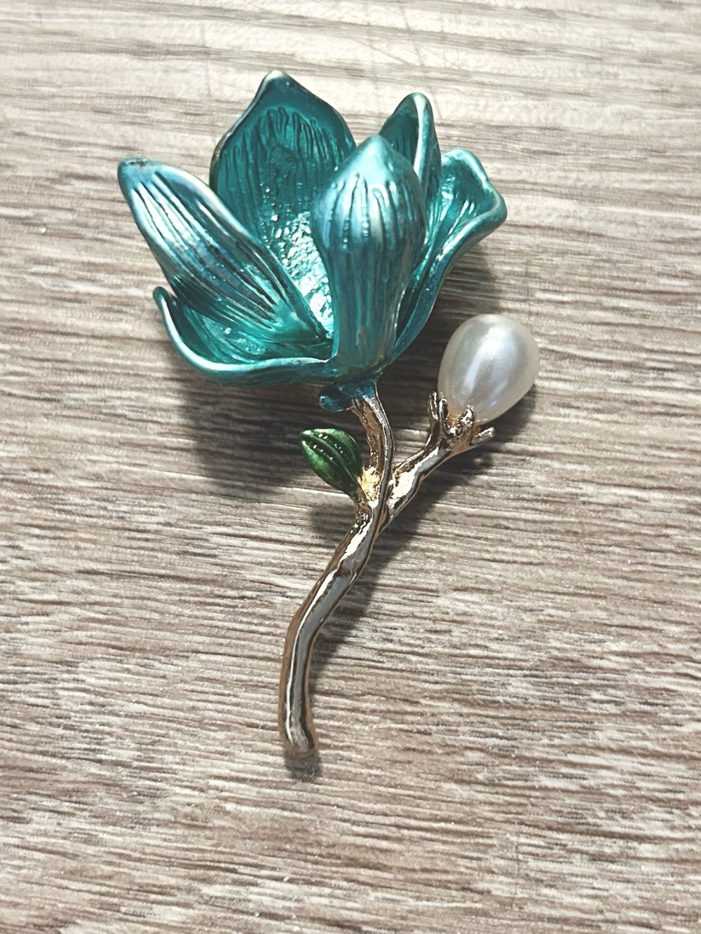 Teal Flower Brooch with Pearl Accent
